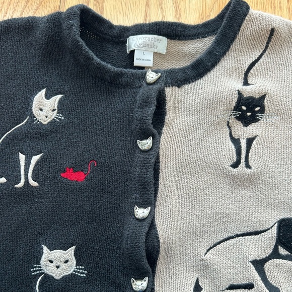 Christopher & Banks Embroidered Cats Womens Cardigan Sweater Cat Buttons Large - Picture 7 of 7